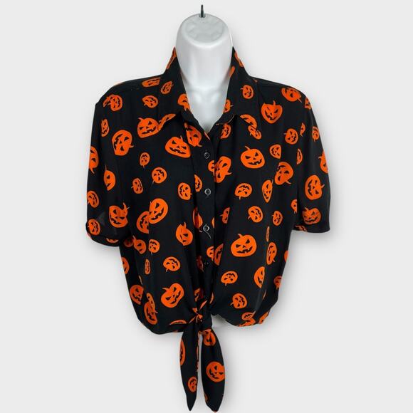 Spirit Shirt Womens XL Pumpkin Jack O Lantern Halloween Button Up Tie Top Rayon - Picture 1 of 7